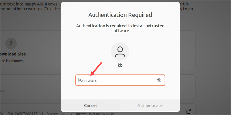 Demande d'authentification pour l'installation du logiciel