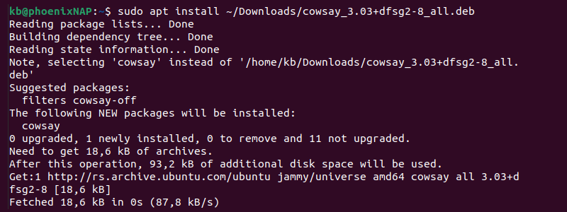 sudo apt install deb package terminal output